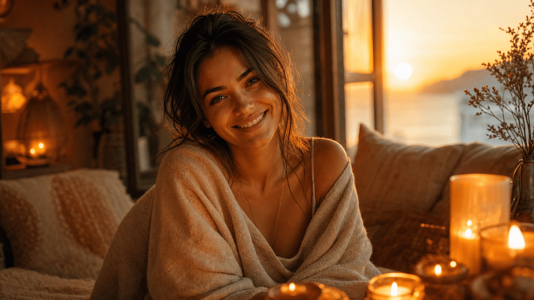 A person with a warm, open smile, soft golden light wrapping around them. Candles nearby, sunset tones — honey, cream, amber. Cozy, trusting atmosphere. The feeling of being truly welcomed and seen. G
